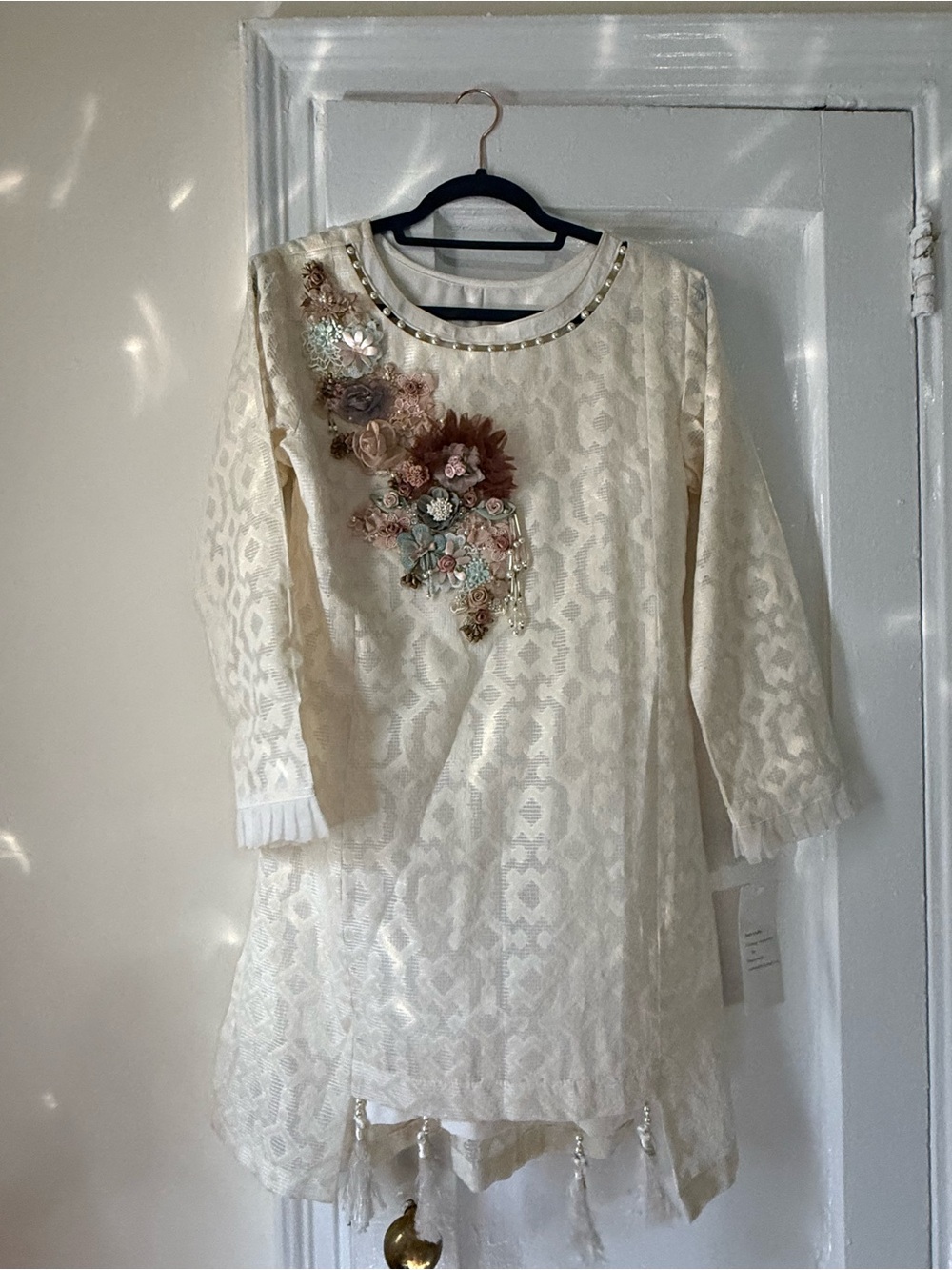 Cream Floral Applique Lace Dress